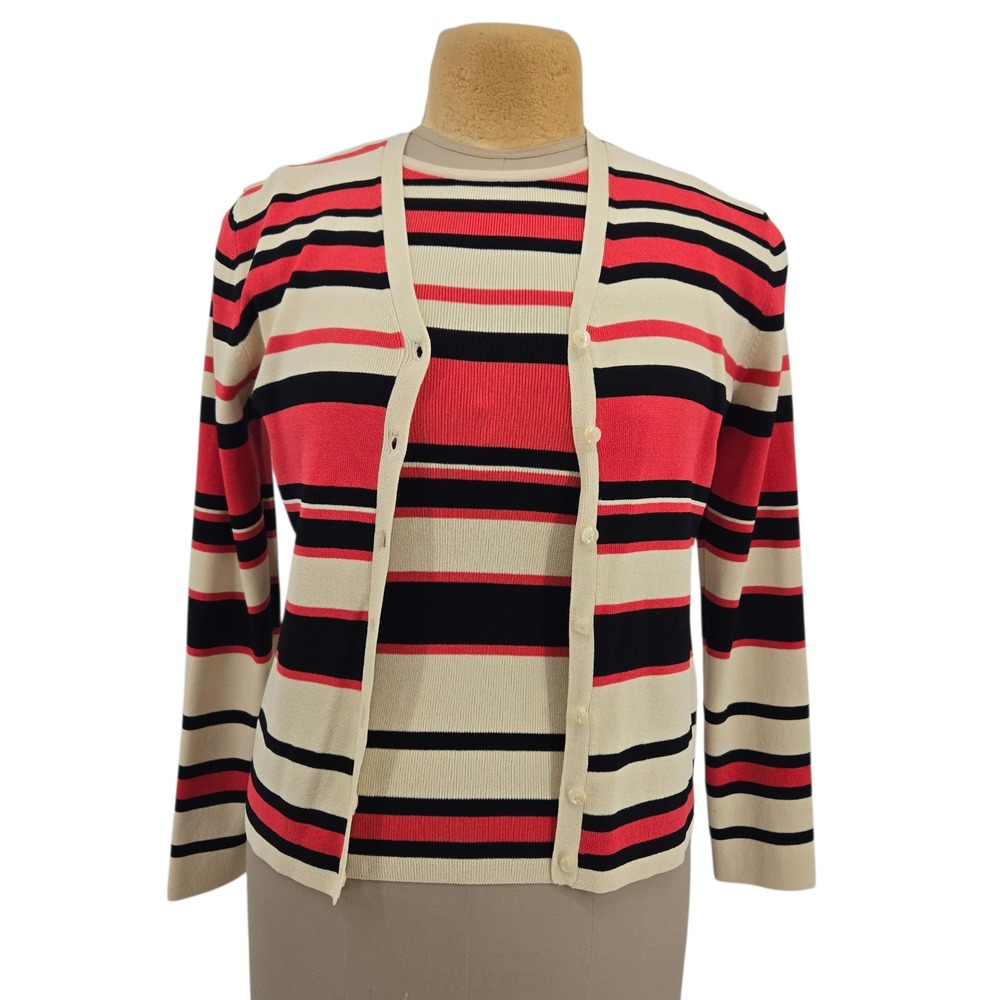 Vtg Sarah Spencer Twin Set M Striped Cardigan Shell Knit Businss‎ Casual Preppy